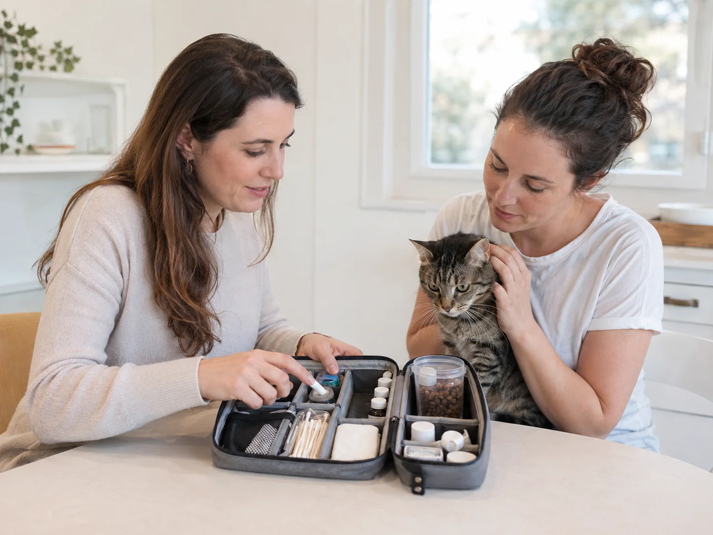 A cat owner and care professional reviewing the cat's travel care plan together